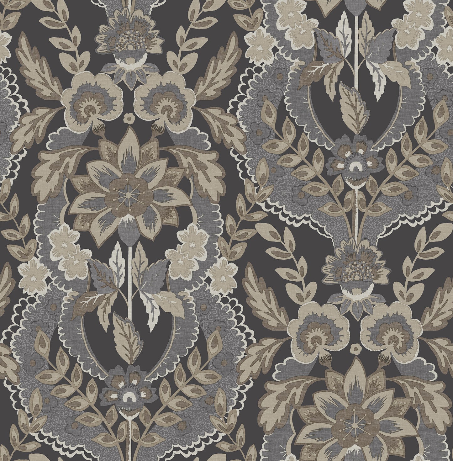 Damask floral wallpaper in taupe, beige, and blue-gray on charcoal background; ornate medallion blossoms.