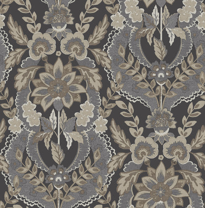 Damask floral wallpaper in taupe, beige, and blue-gray on charcoal background; ornate medallion blossoms.