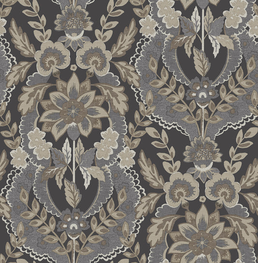 York Wallcoverings A-Street Prints Collins Charcoal Damask Wallpaper Botanical Traditional Charcoal  Wallpaper - 4173-27654