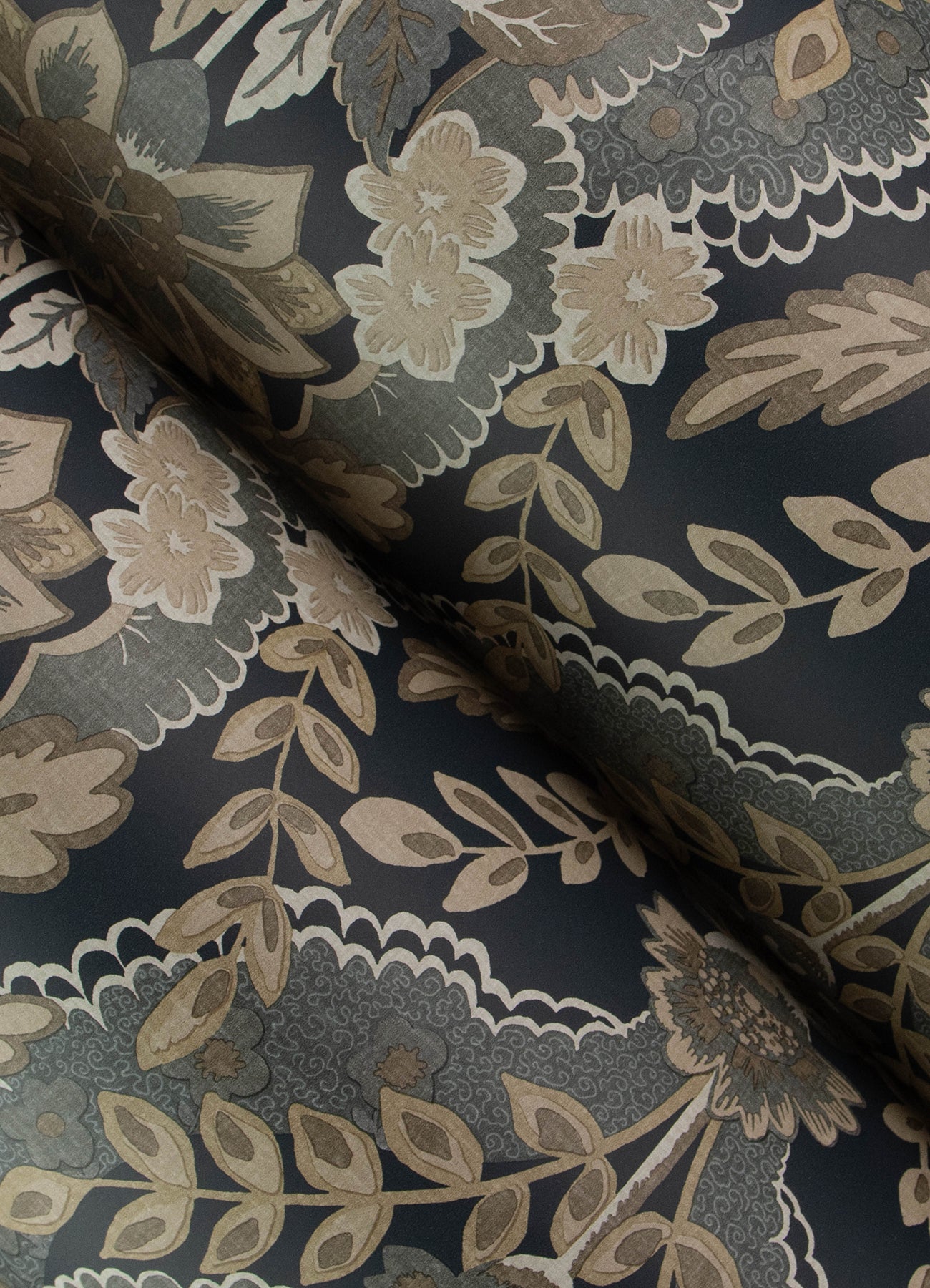 Charcoal damask wallpaper with botanical floral pattern in gray tones.