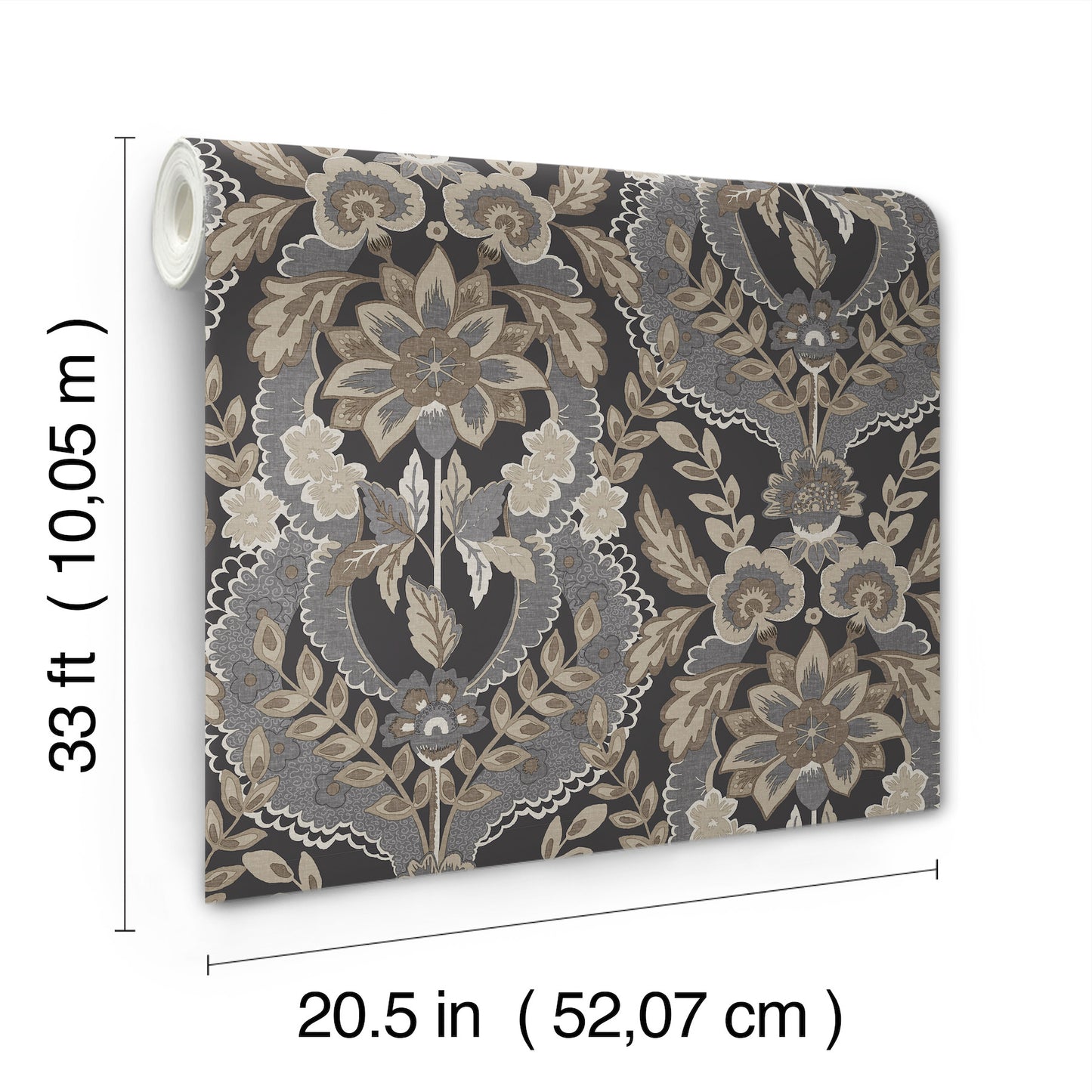 Charcoal damask wallpaper roll on dark background, rolled display, 20.5 in x 33 ft.