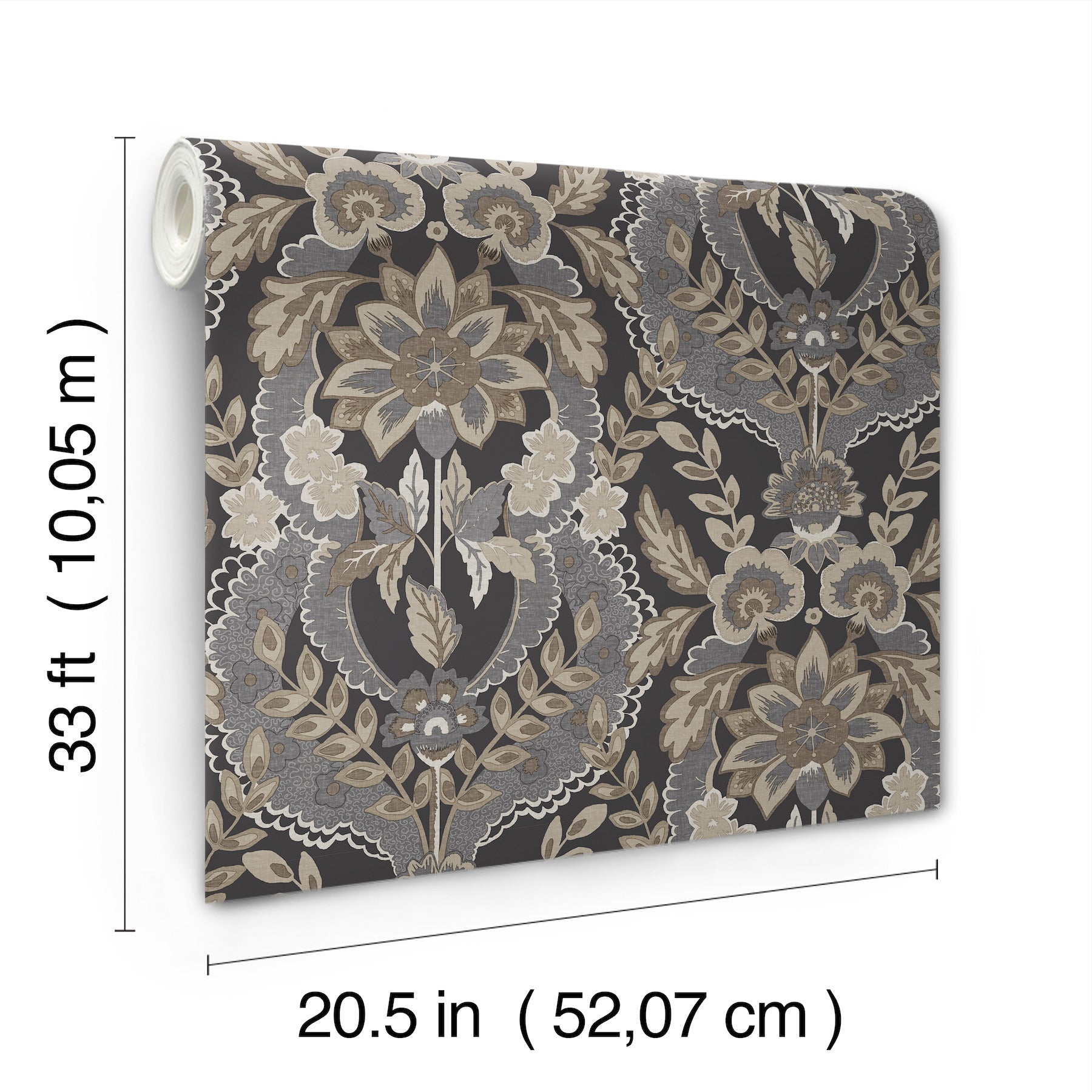 Charcoal damask wallpaper roll on dark background, rolled display, 20.5 in x 33 ft.