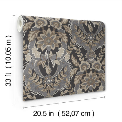 Charcoal damask wallpaper roll on dark background, rolled display, 20.5 in x 33 ft.