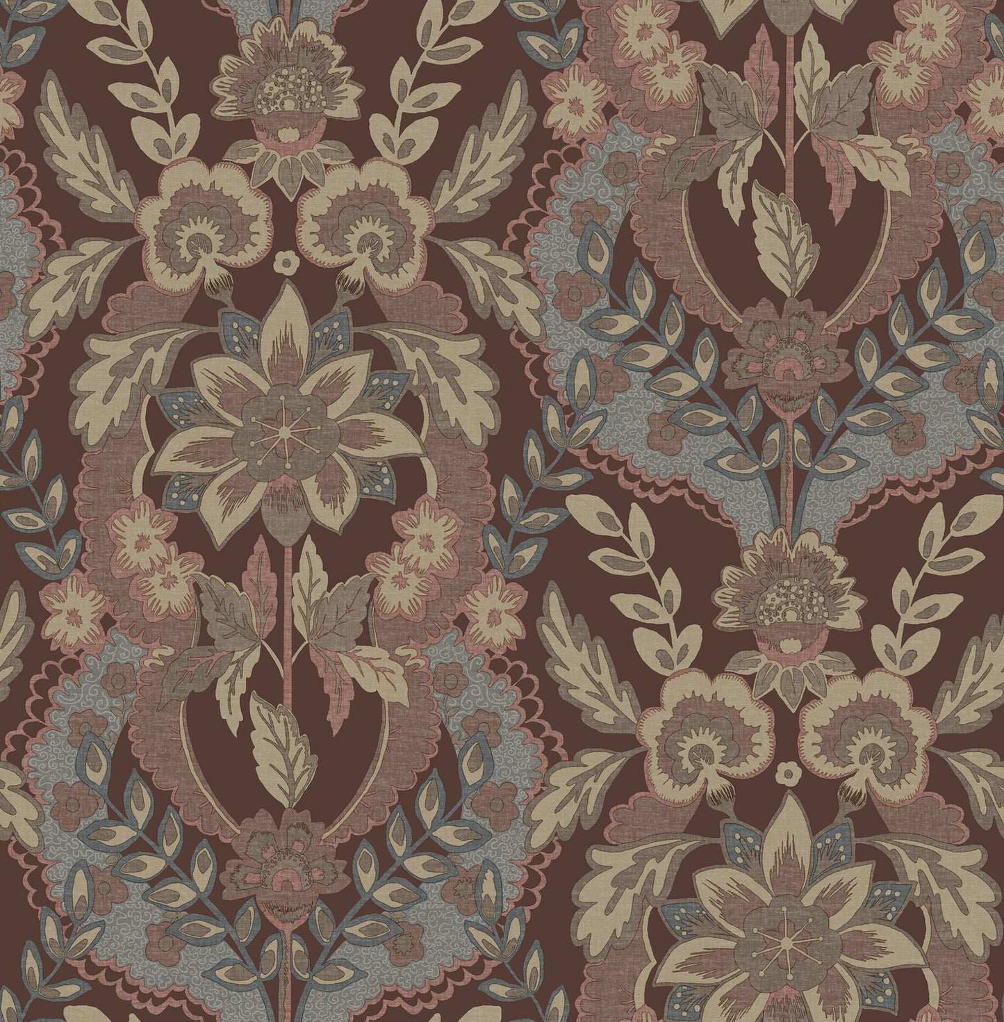 Ornate plum and cream damask floral pattern on a neutral background; traditional damask wallpaper.