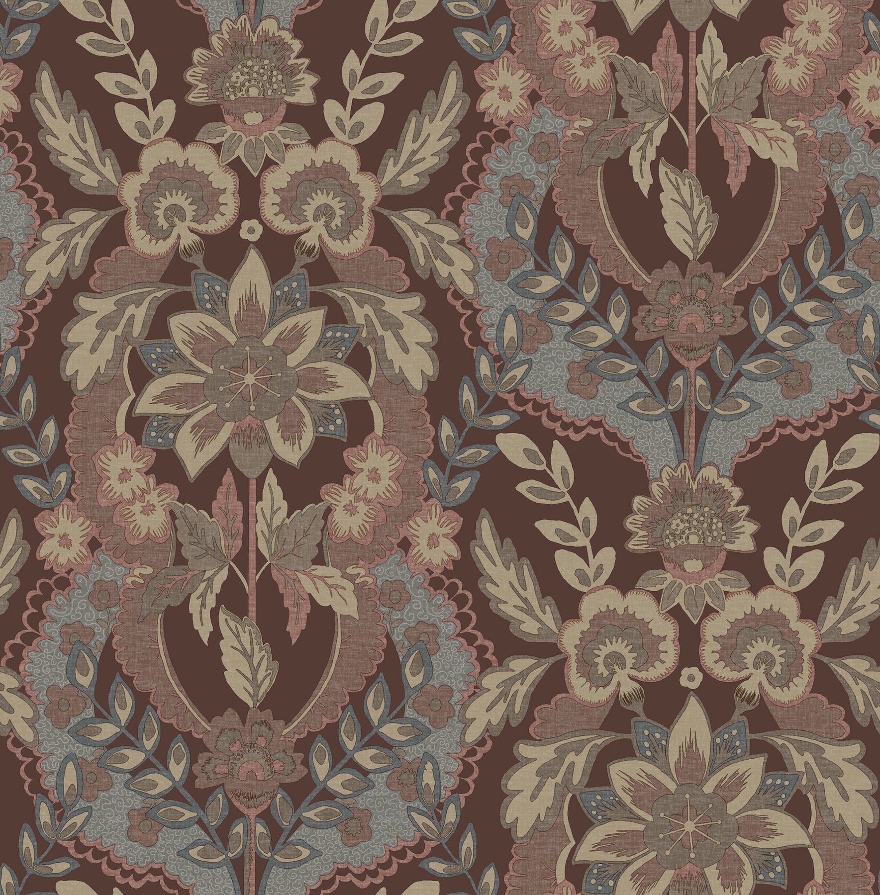 Ornate plum and cream damask floral pattern on a neutral background; traditional damask wallpaper.