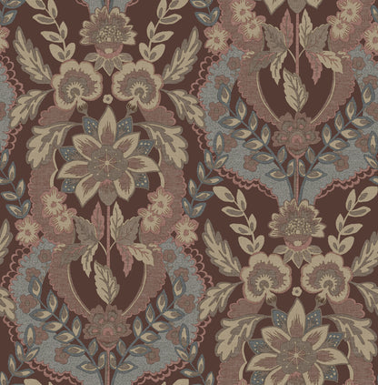 Ornate plum and cream damask floral pattern on a neutral background; traditional damask wallpaper.
