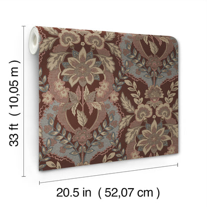 Damask floral wallpaper roll in brown with beige and pale blue accents, 20.5 in wide, 33 ft long.
