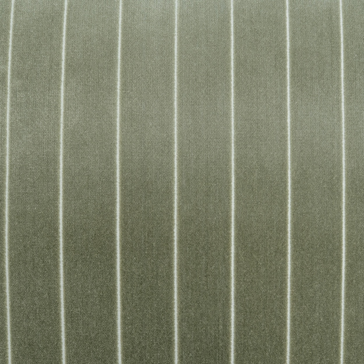 Olive green fabric with white vertical pinstripes and subtle woven texture.