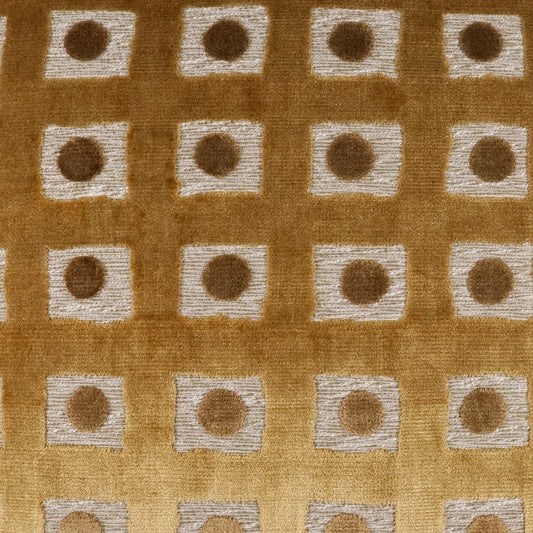 Warm brown fabric with a grid of light beige squares, each centered by a brown dot, retro geometric textile pattern.