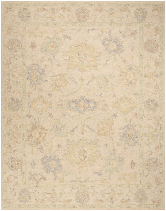 Pastel antique-style Oriental rug with cream base and pale yellow, blue, and green floral motifs and a decorative border.