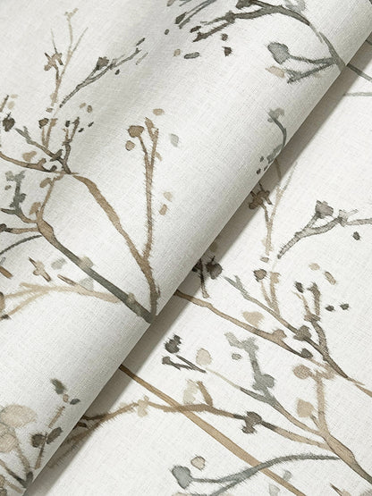 Cream linen-look wallpaper with watercolor budding-branches pattern in taupe and grey