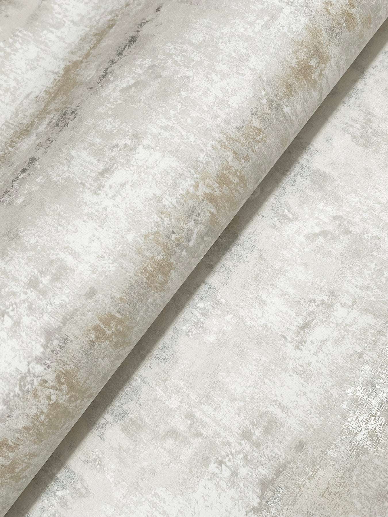 Rolled wallpaper with a grey textured stripe pattern.