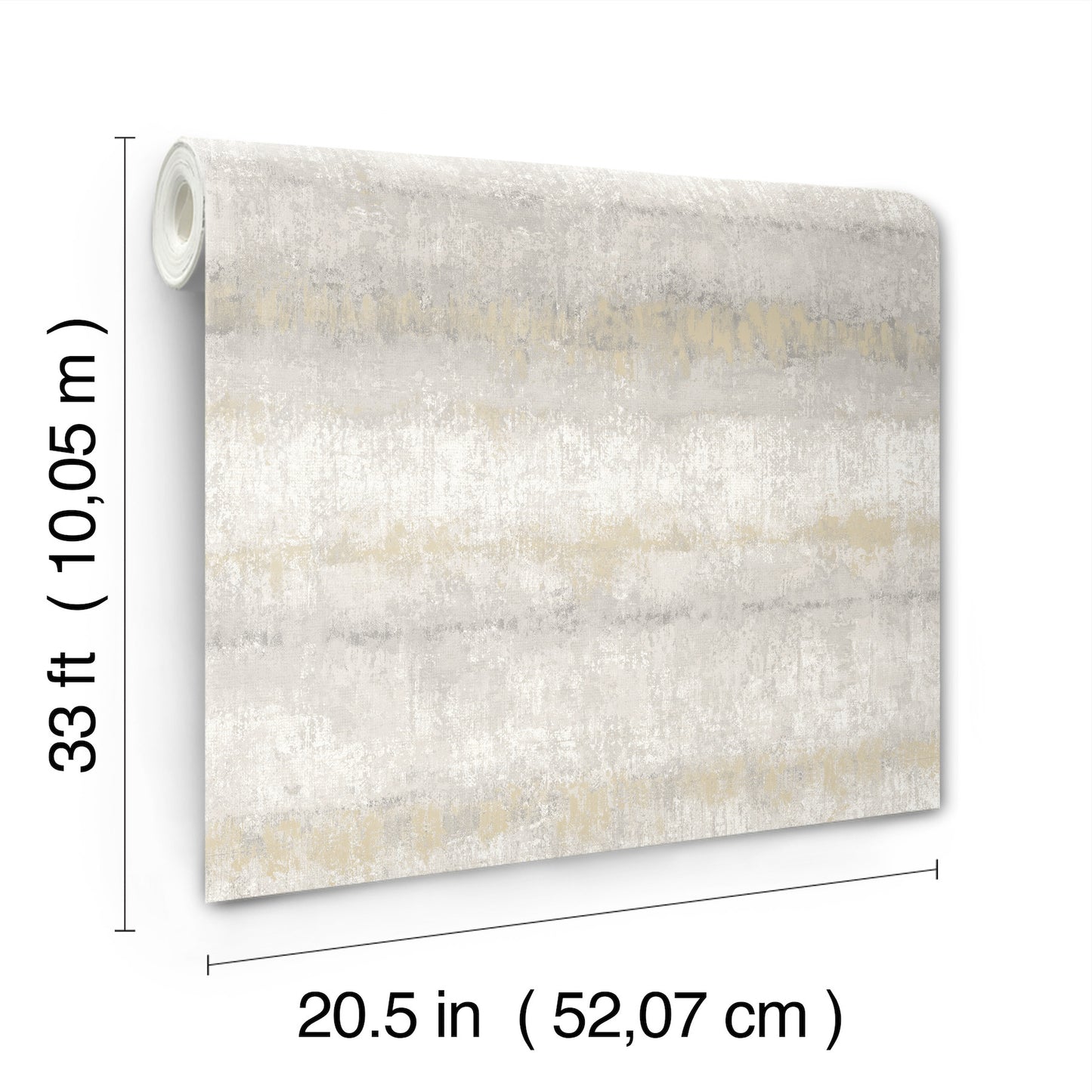 Wallpaper roll with grey textured stripe pattern, 20.5 in wide by 33 ft long.