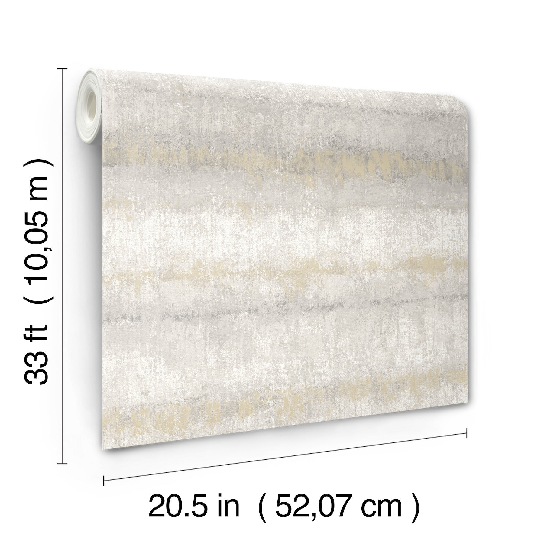 Wallpaper roll with grey textured stripe pattern, 20.5 in wide by 33 ft long.