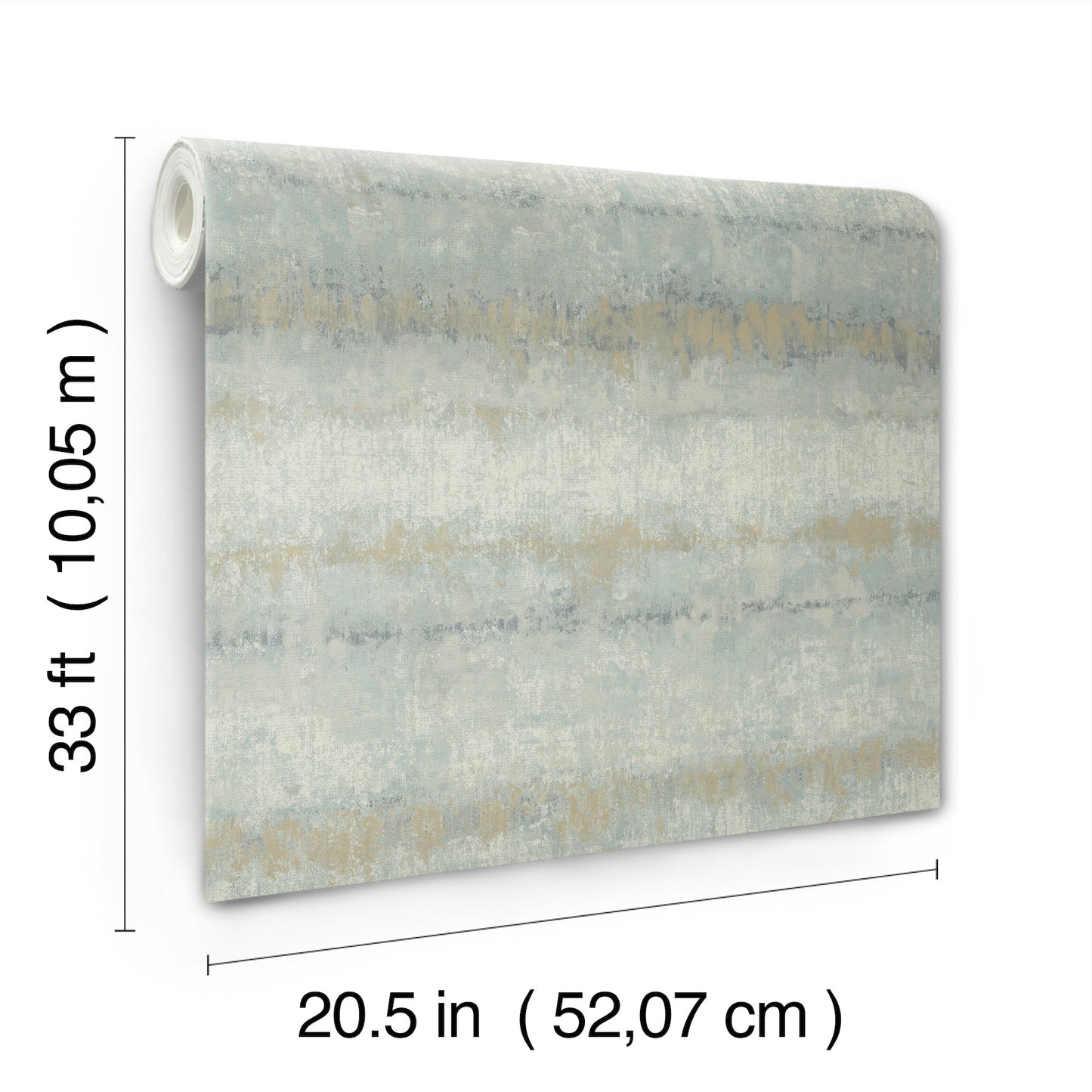 Roll of wallpaper in light blue with a textured stripe pattern; 20.5 in wide by 33 ft long.