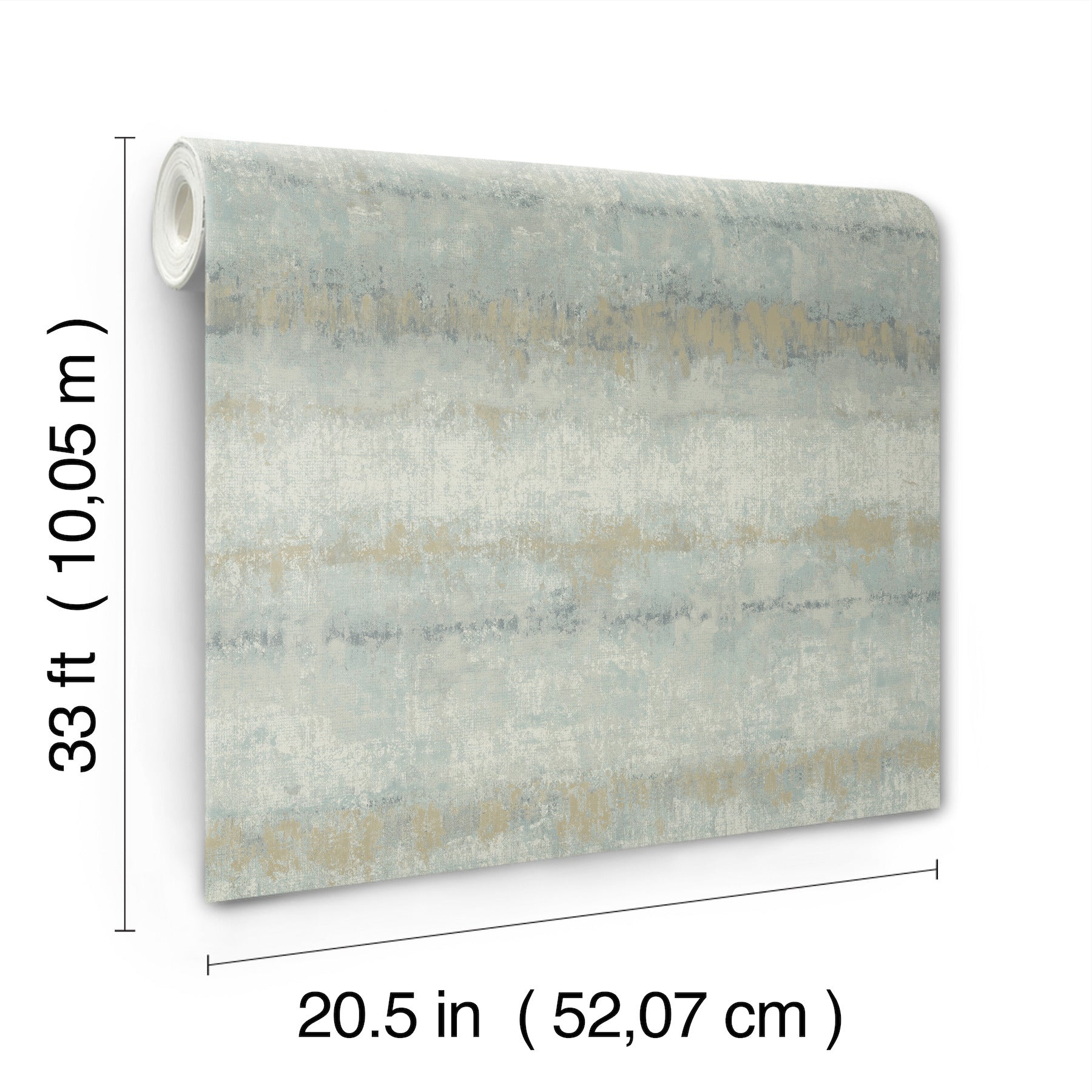 Roll of wallpaper in light blue with a textured stripe pattern; 20.5 in wide by 33 ft long.