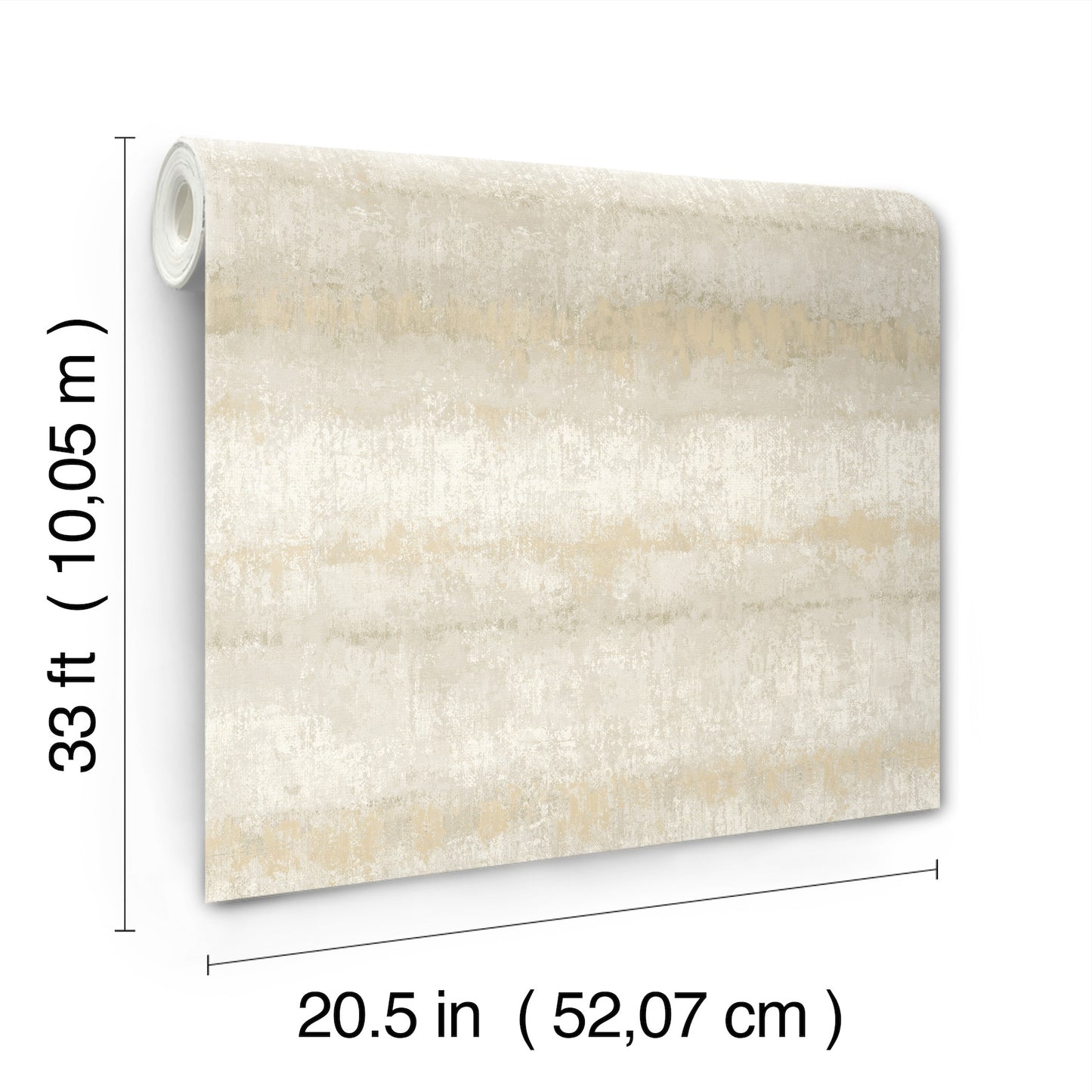 Beige textured wallpaper roll with subtle horizontal stripes; 20.5 in wide, 33 ft long.