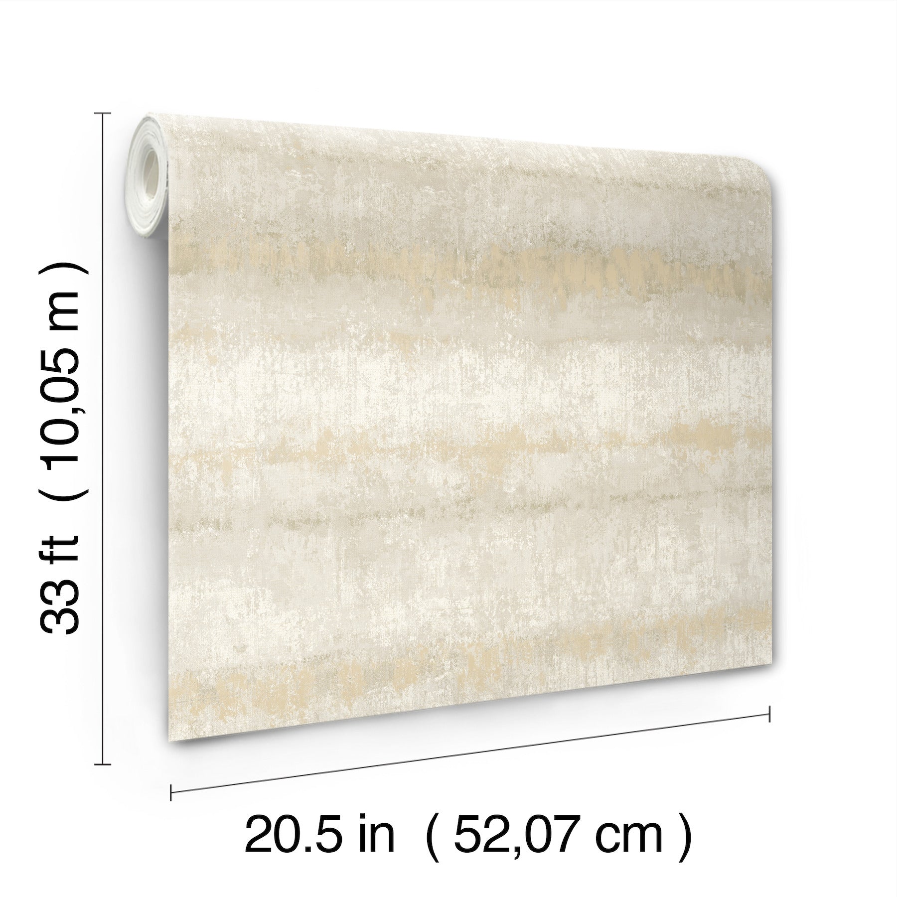 Beige textured wallpaper roll with subtle horizontal stripes; 20.5 in wide, 33 ft long.