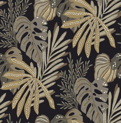 Dark botanical pattern with beige, taupe and olive tropical leaves, including monstera and palm fronds.