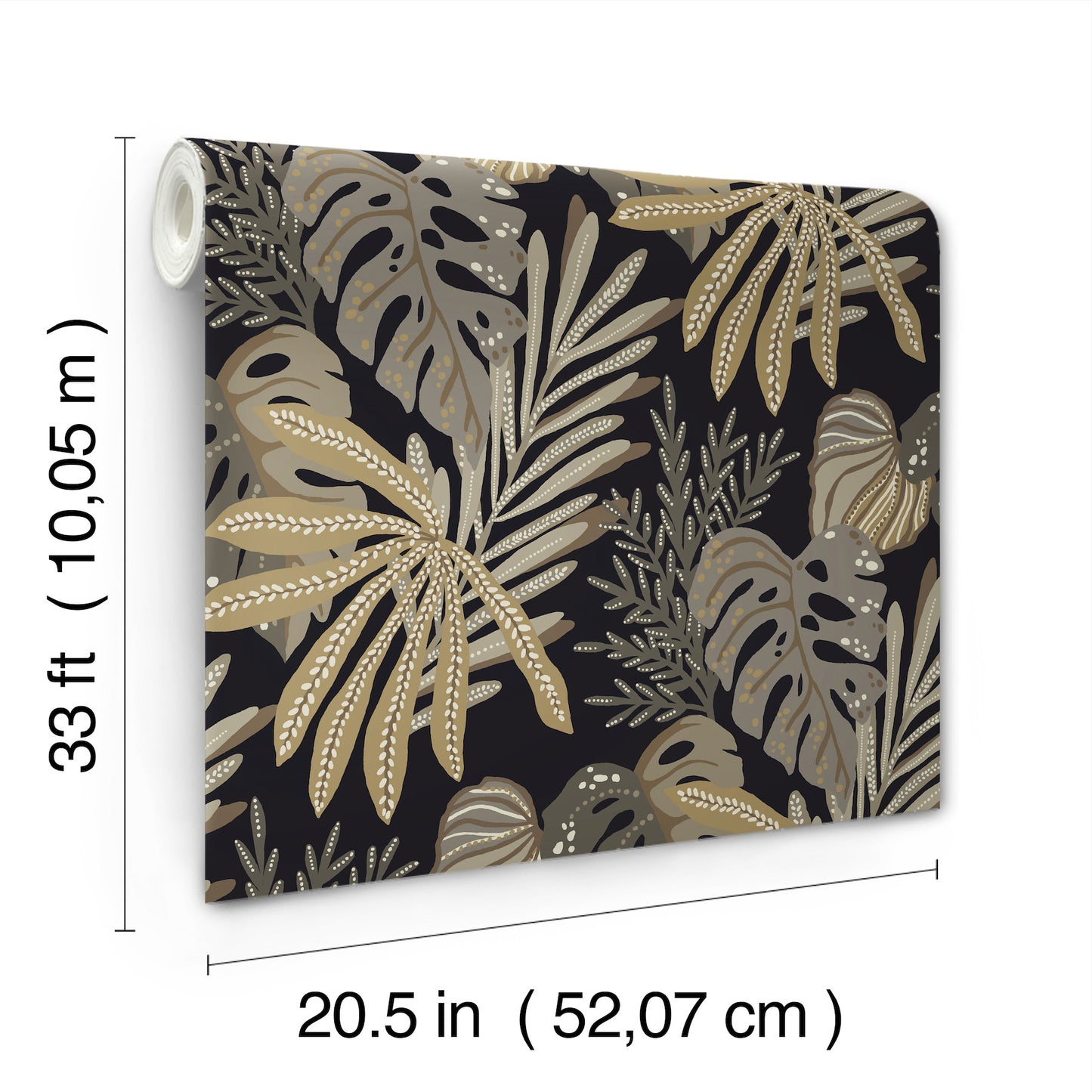 Rectangular wallpaper featuring beige tropical leaves on a dark background; monstera and palm fronds in gold-tan tones.