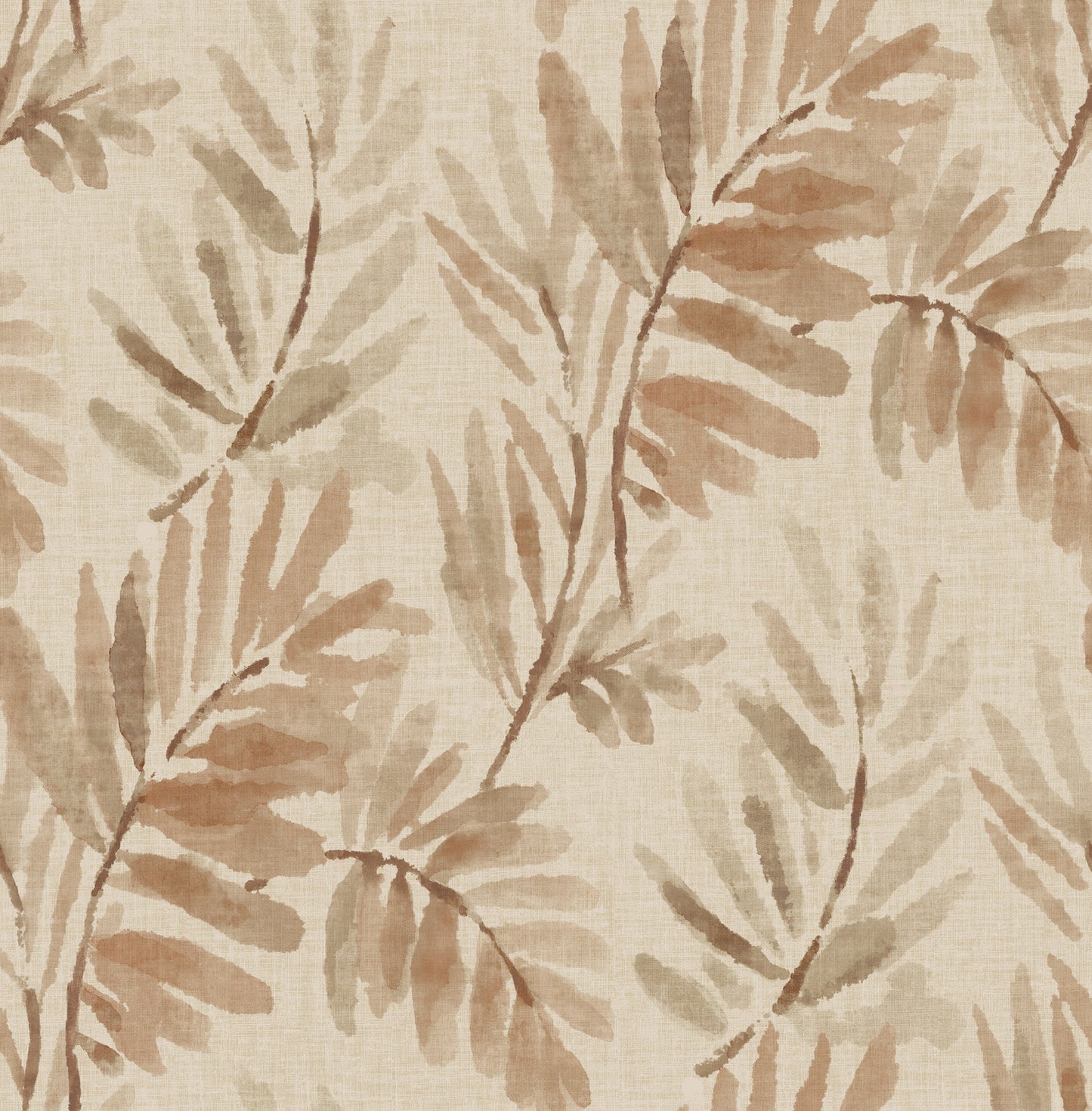 Beige wallpaper with taupe-brown fern fronds; botanical, farmhouse-style print.