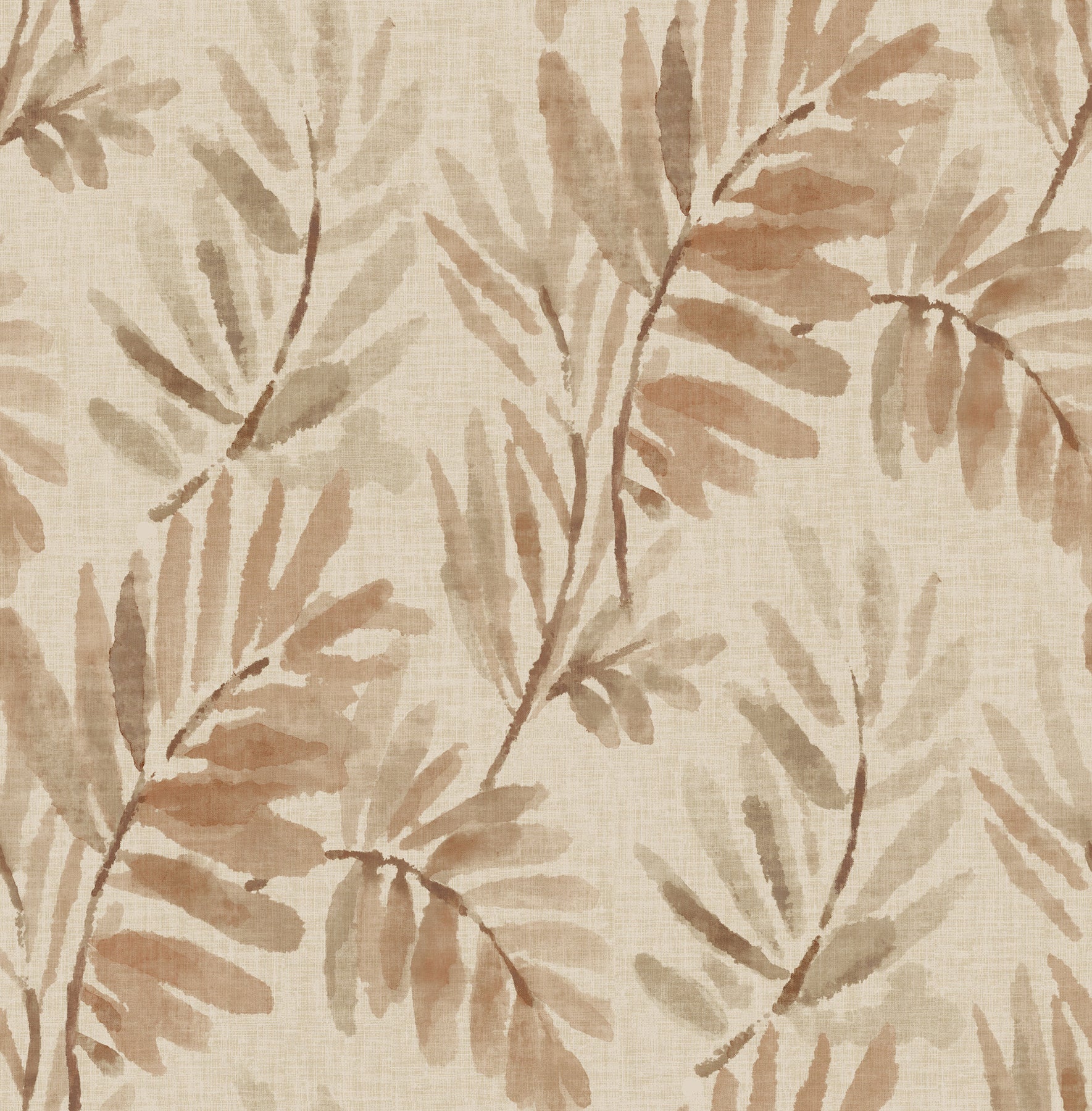 Beige wallpaper with taupe-brown fern fronds; botanical, farmhouse-style print.