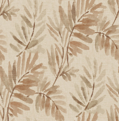 Beige wallpaper with taupe-brown fern fronds; botanical, farmhouse-style print.