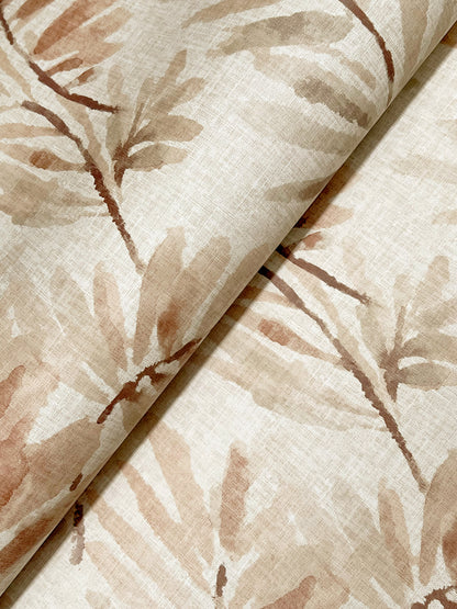 Beige botanical print wallpaper with taupe ferns on light cream background, folded edge.