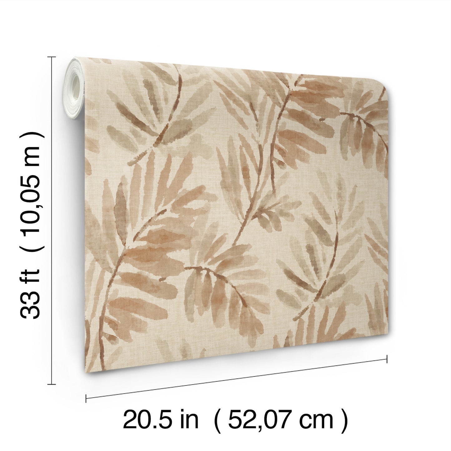 Roll of blush fern wallpaper; fern leaves in soft blush tones; 20.5 in wide by 33 ft long.