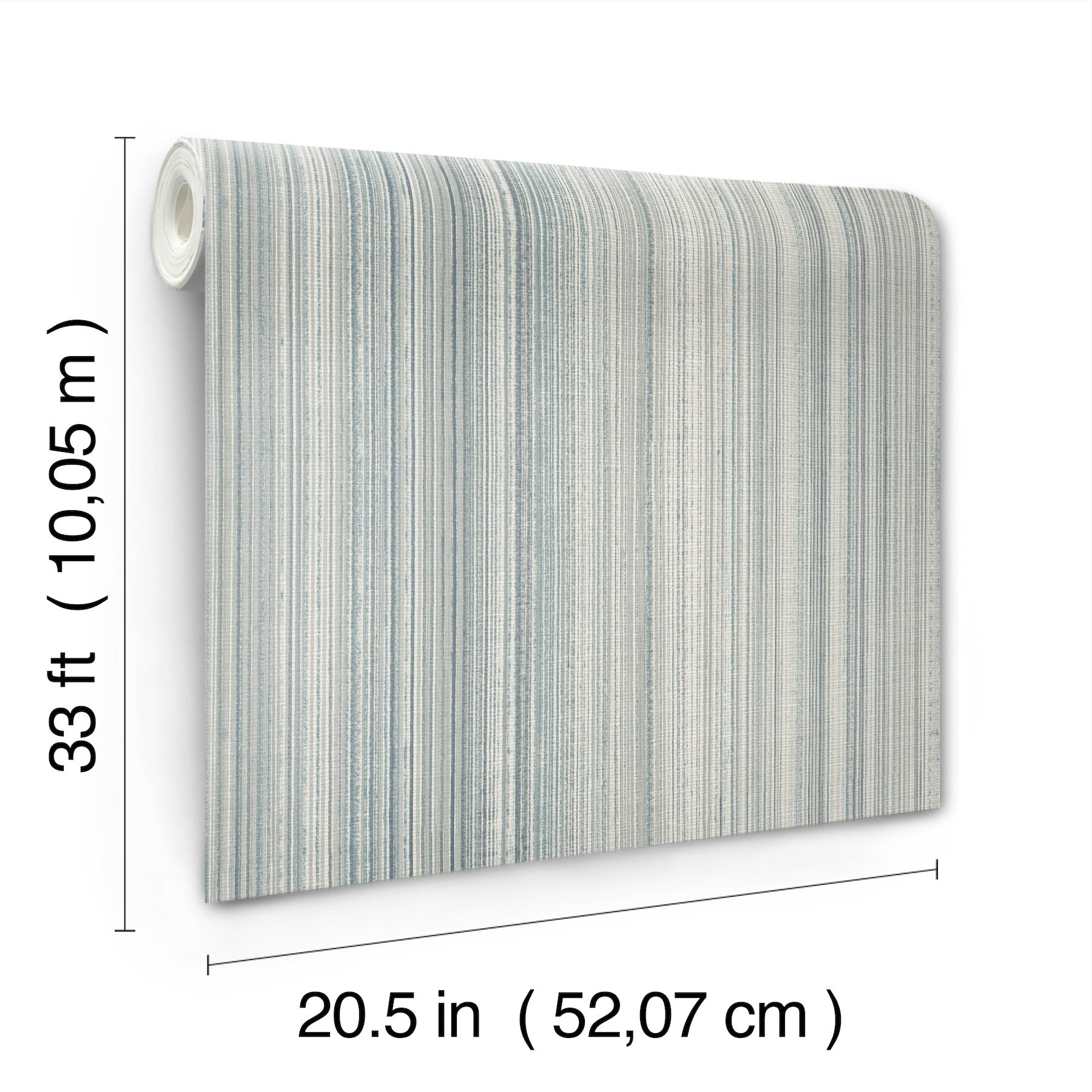 Rolled wallpaper with pale blue and white vertical stripes, fabric-textured look; 20.5 in wide by 33 ft long