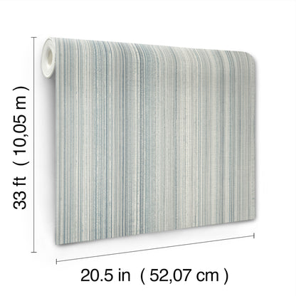 Rolled wallpaper with pale blue and white vertical stripes, fabric-textured look; 20.5 in wide by 33 ft long