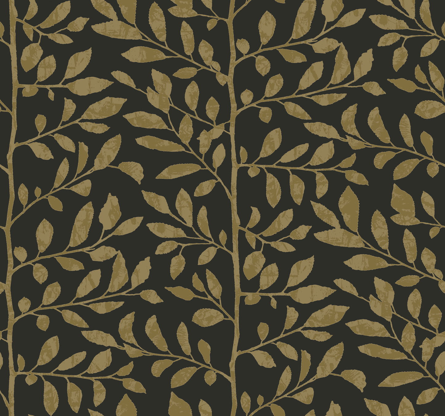 Gold botanical wallpaper: charcoal background with vertical branches and leaves, elegant decorative pattern.