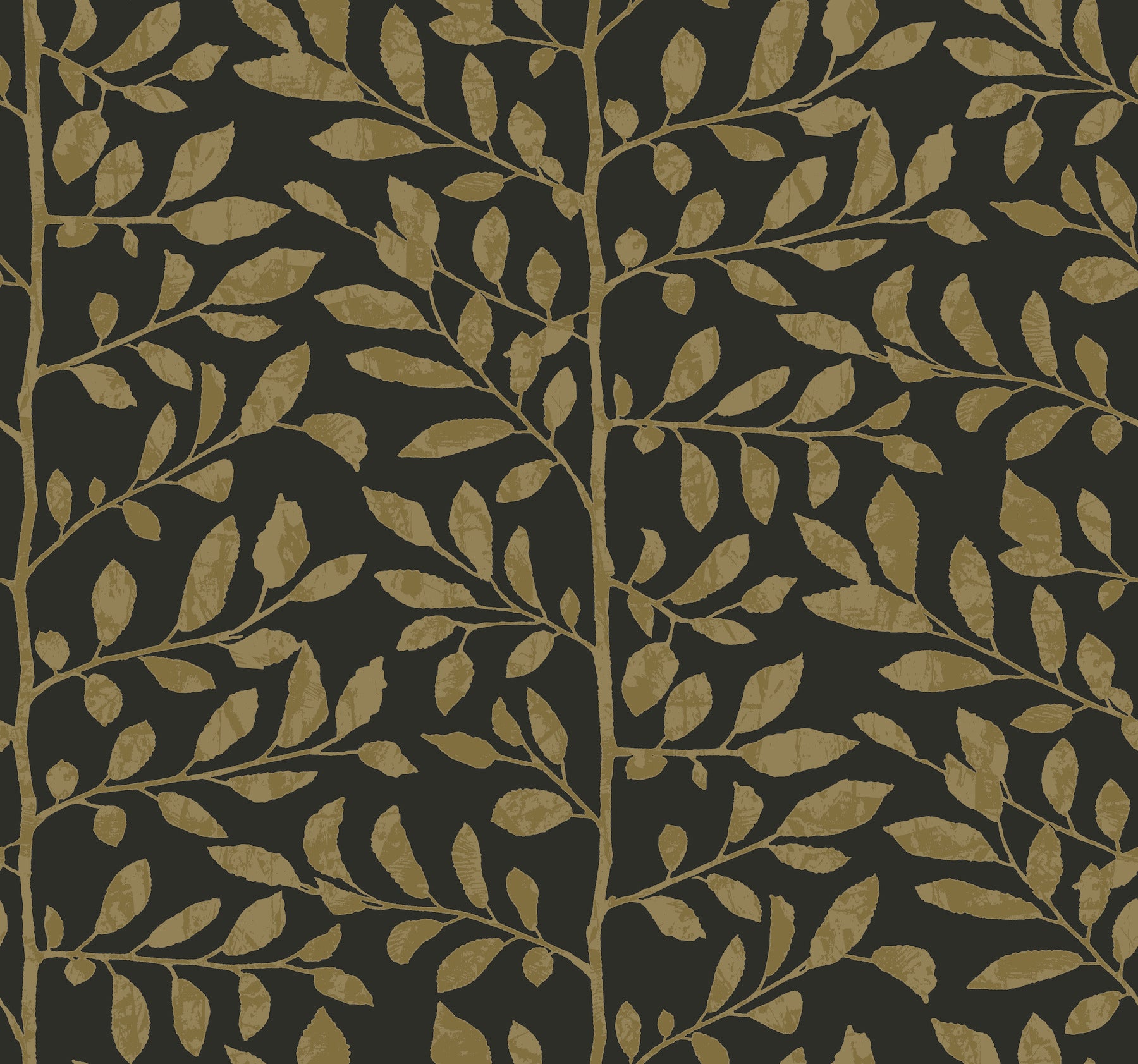 Gold botanical wallpaper: charcoal background with vertical branches and leaves, elegant decorative pattern.