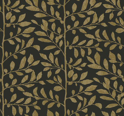 Gold botanical wallpaper: charcoal background with vertical branches and leaves, elegant decorative pattern.