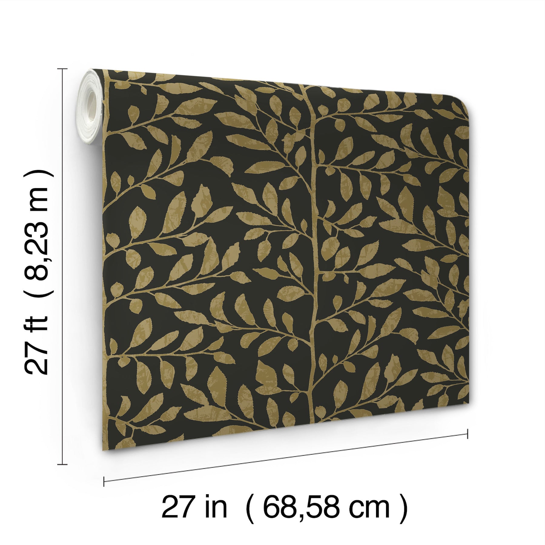 Gold leaf botanical wallpaper on black background; rolled sample panel with leafy branch motif, 27x27 inches.