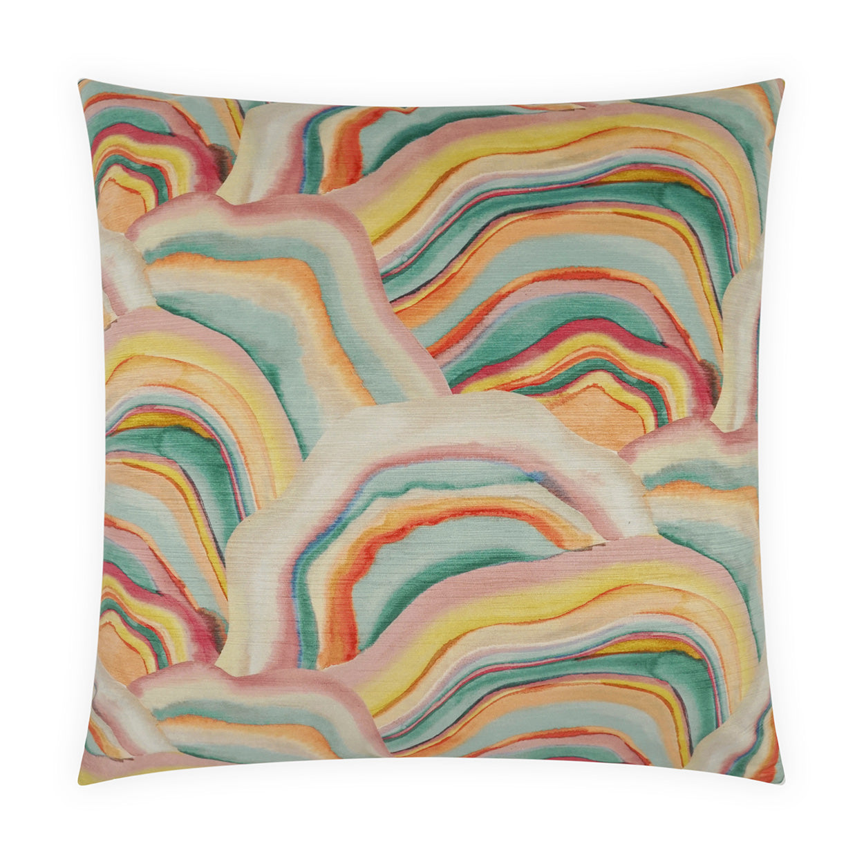 Square decorative pillow with abstract pastel rainbow arches in pink, orange, teal, yellow & green.