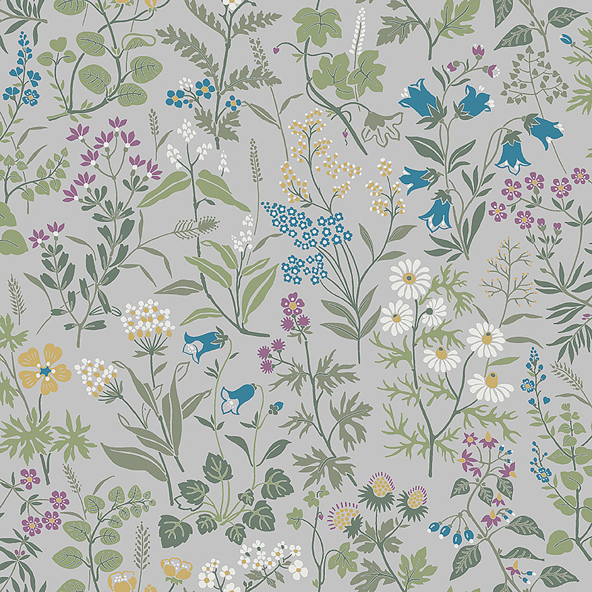Botanical floral wallpaper pattern with bluebell flowers, daisies, and wildflowers on a light gray background.