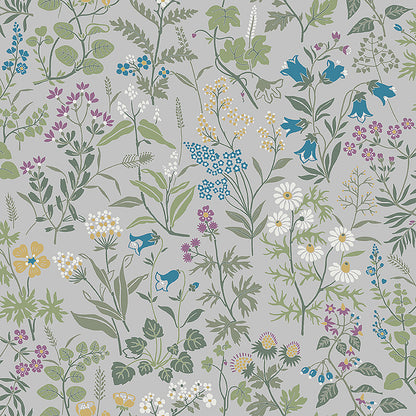 Botanical floral wallpaper pattern with bluebell flowers, daisies, and wildflowers on a light gray background.