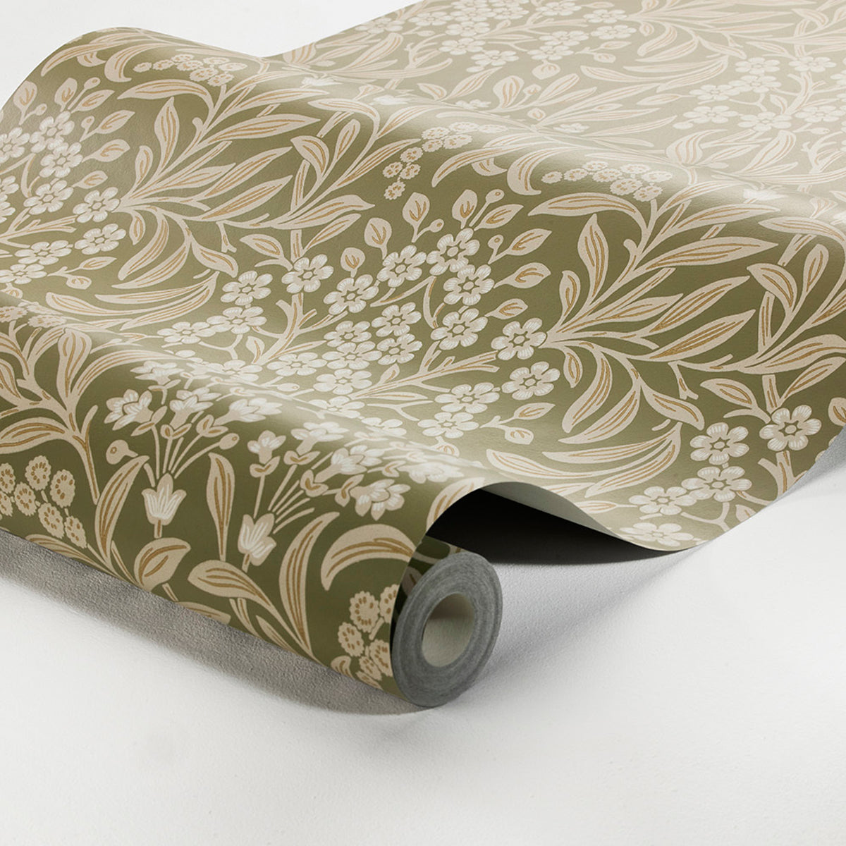 Beige wallpaper with cream floral botanical motif, rolled on a grey core; vintage elegant decor.