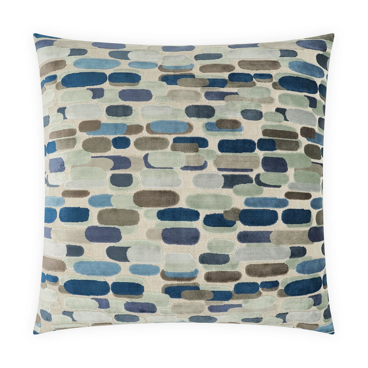 Square decorative pillow with abstract blue, gray and taupe circular dot pattern.