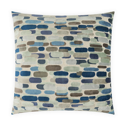 Square decorative pillow with abstract blue, gray and taupe circular dot pattern.