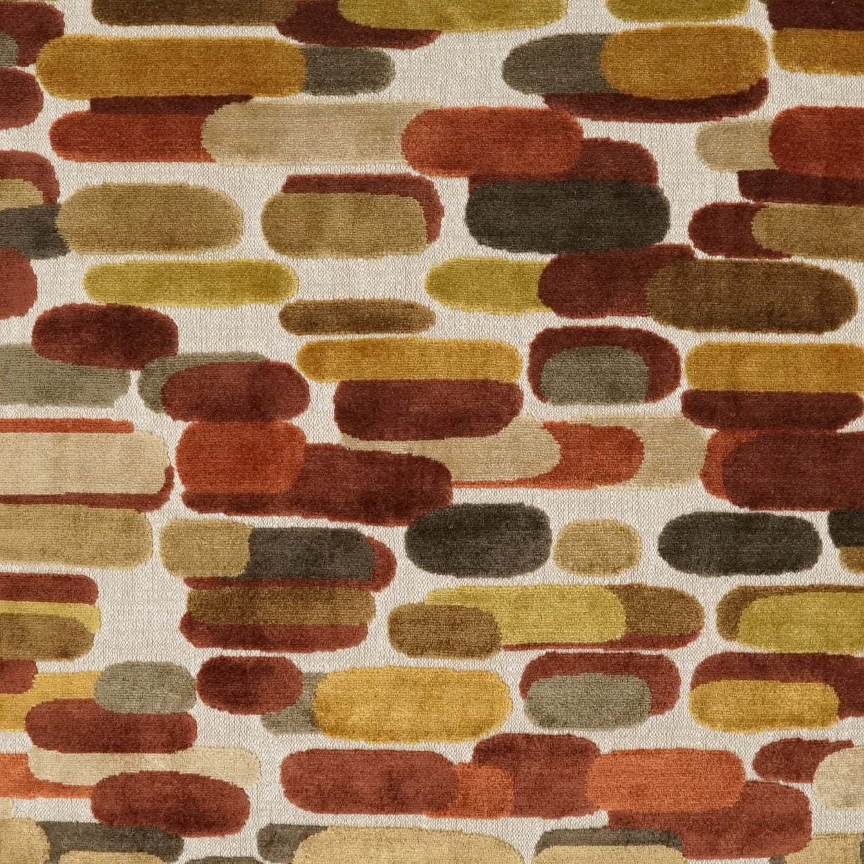 Mid-century abstract fabric with rounded oval shapes in mustard, rust, olive, taupe on beige background.