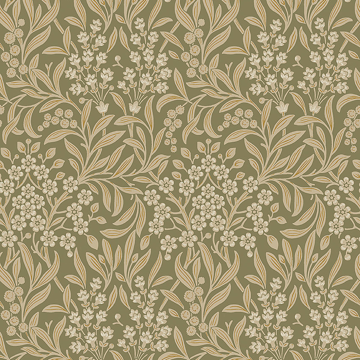 Olive-green wallpaper with cream botanical floral vine pattern; vintage repeating motif.