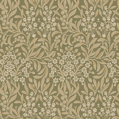 Olive-green wallpaper with cream botanical floral vine pattern; vintage repeating motif.