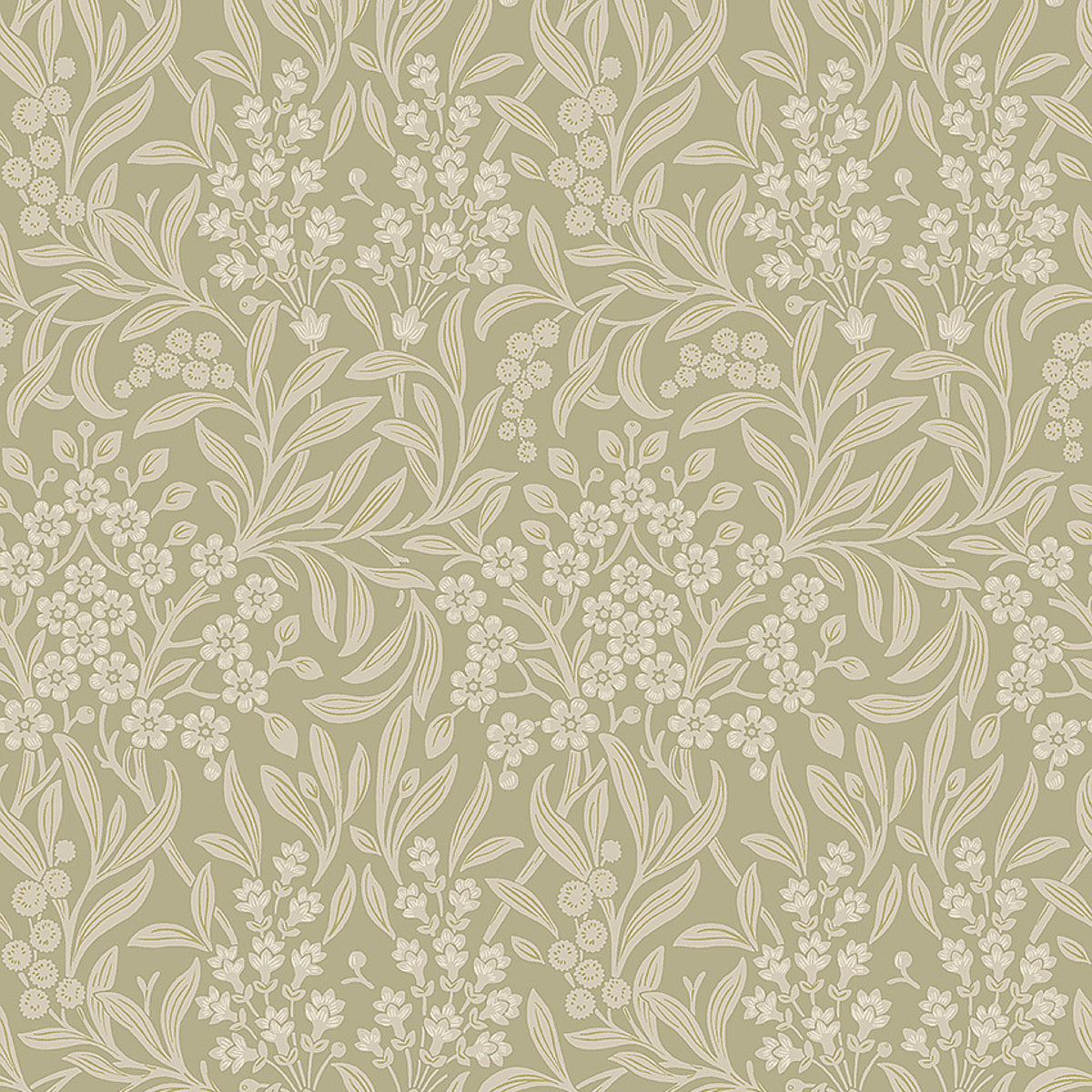 Beige wallpaper with an allover off-white botanical pattern of flowers and graceful leaves.