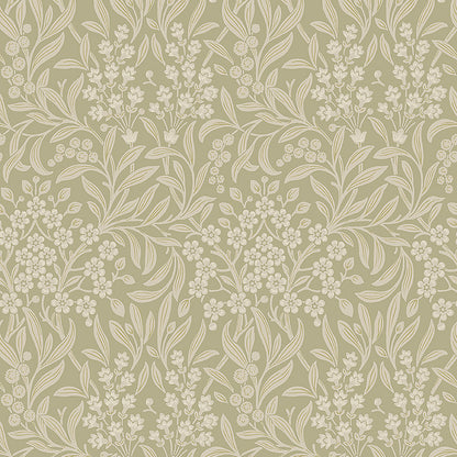 Beige wallpaper with an allover off-white botanical pattern of flowers and graceful leaves.