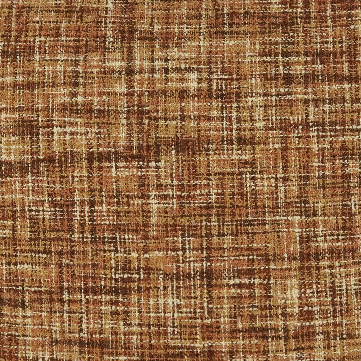 Brown woven fabric with tan-and-cream plaid-like grid pattern, textured textile.