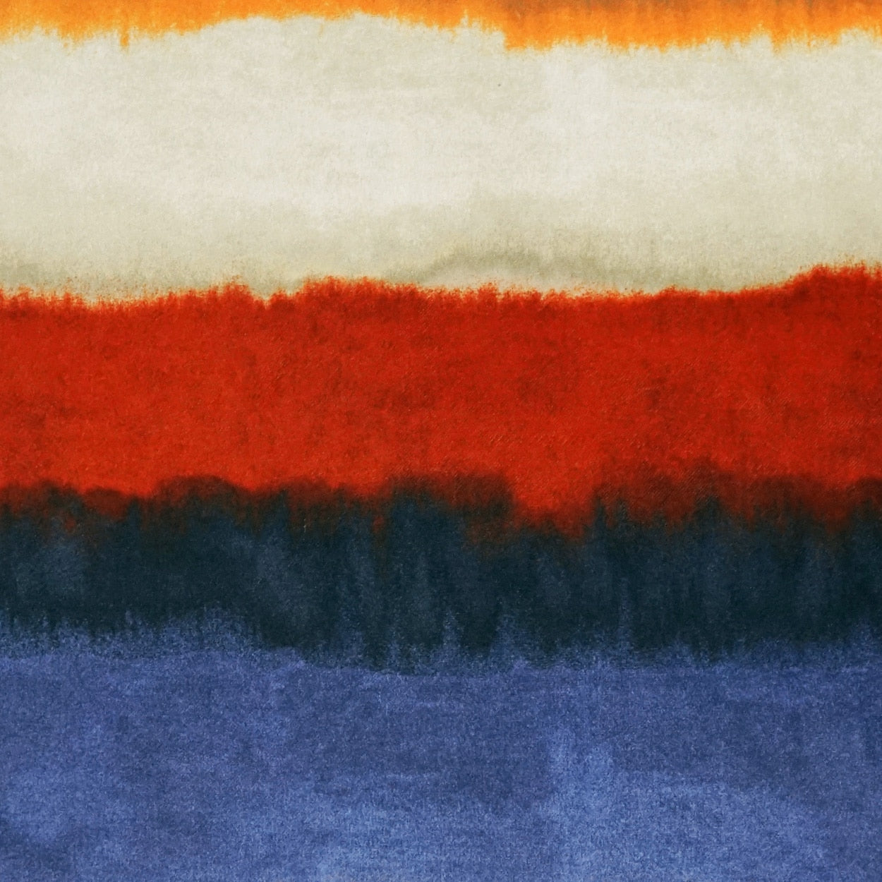 Abstract color-block fabric with wide bands of orange, cream, red, navy and purple; soft textile texture.