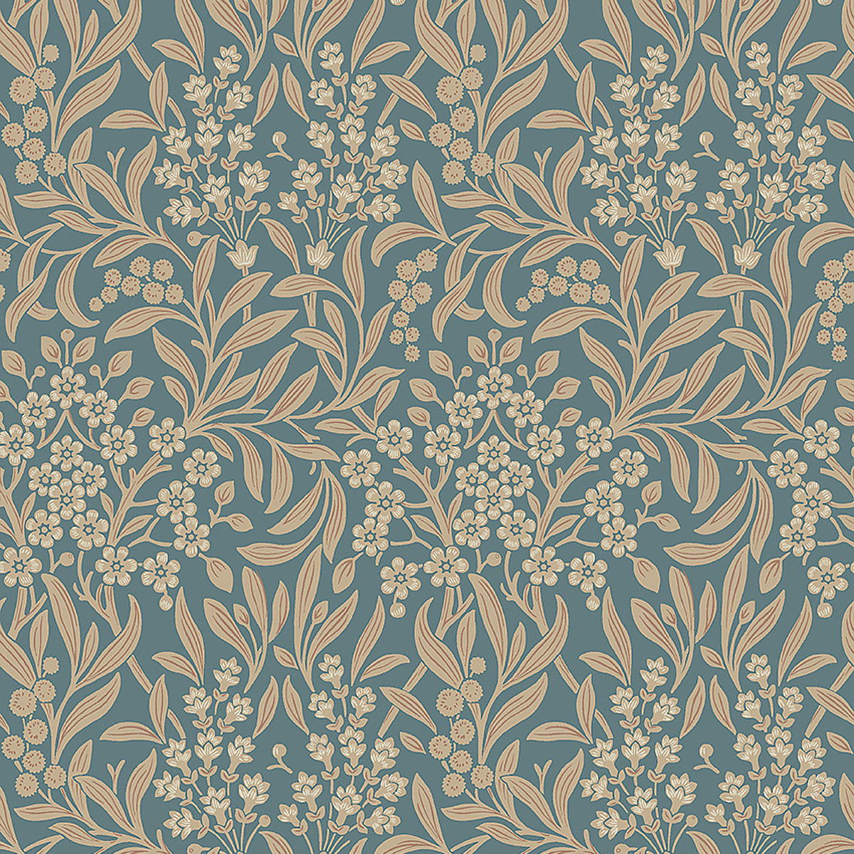 Teal-blue wallpaper pattern with cream-beige botanical florals & leafy vines, seamless repeat.