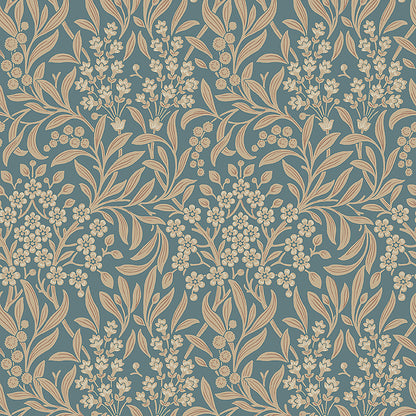 Teal-blue wallpaper pattern with cream-beige botanical florals & leafy vines, seamless repeat.